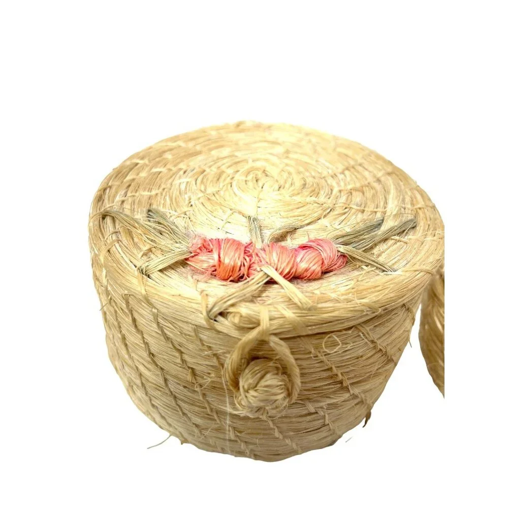 3 Miniature Straw Nesting Baskets Floral Vintage